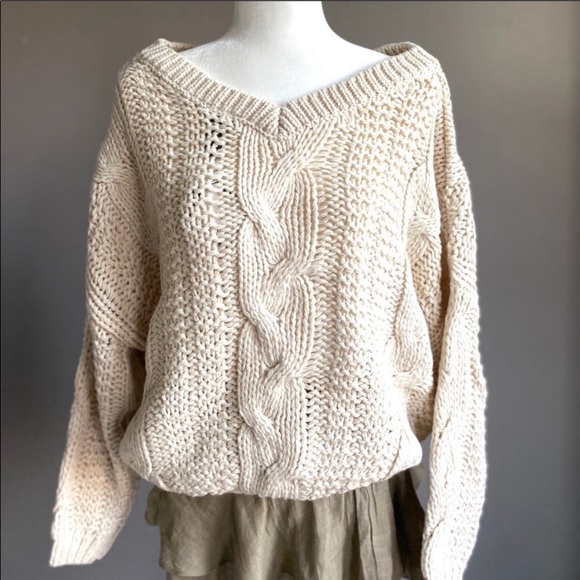 Beige Cable Knit Balloon Sleeve Sweater - Picture 6 of 6